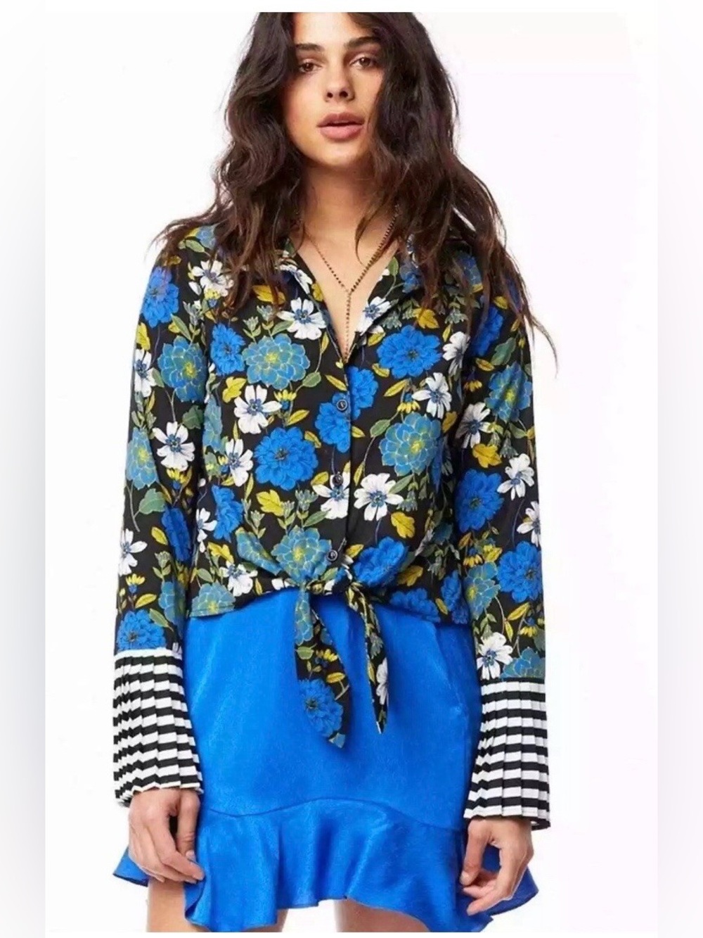 Anthropologie Lost + Wander Black Floral Tie-Front Button-Down